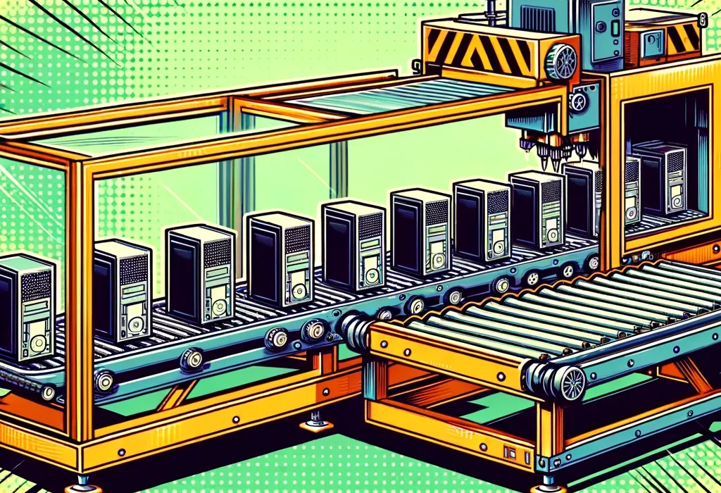 Comic style image of an industial machine that spits out the same computer over and over again on a conveyor belt.