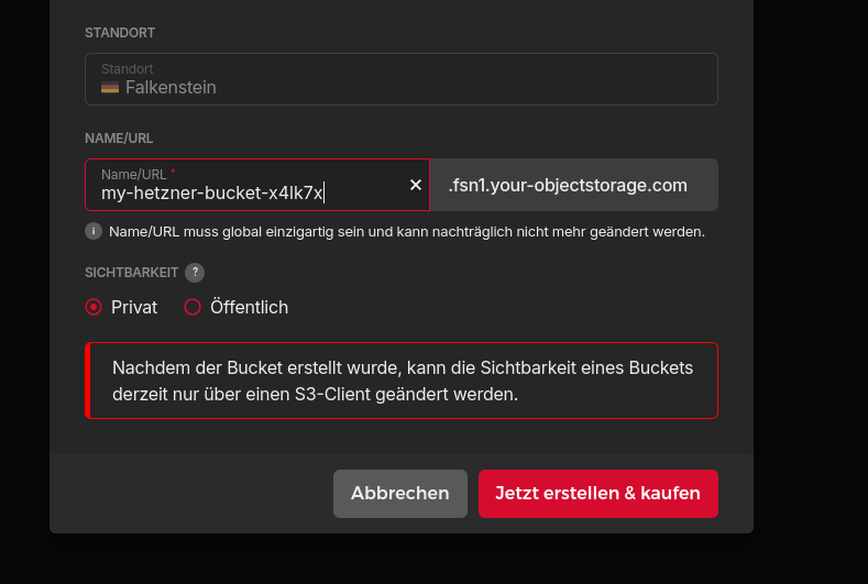 Screenshot of Hetzner Cloud UI dialog for creation of Storage Buckets