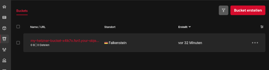 Screenshot of Hetzner Cloud UI showing a list of Storage Buckets in a project