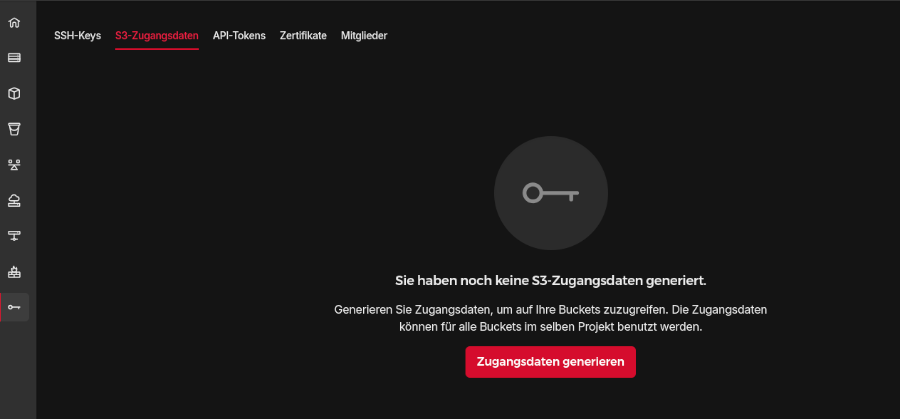Screenshot of Hetzner Cloud UI showing the security section of a project with opened s3 credentials tab
