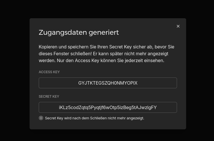 Screenshot of Hetzner Cloud UI showing generated s3 credentials